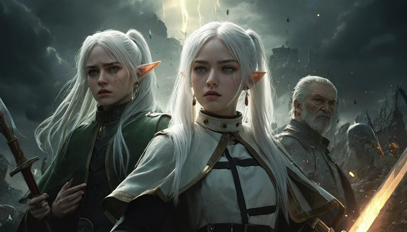 Epic battle scene, photoreal, fantasy, 4 characters, 1 girl with white hair, long hair, twintails, pointy eyes, green eyes, white caplet, jewelry, earrings; 1 tall man with sword, 1 old man with staff, 1 dwarf with axe; bright flash of light in the background; silhouettes disappearing into light, Frieren watching in sadness, ruins of battlefield, dark skies clearing, emotional and dramatic lighting, realistic skin and textures, ultra-detail.