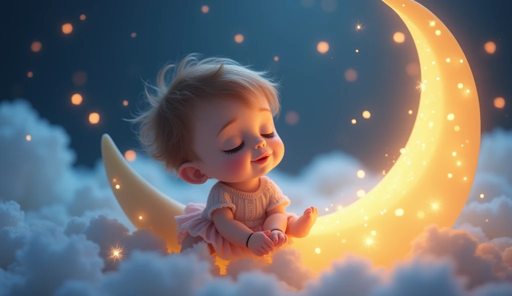 a child listening to a lullaby, gently sitting on a crescent moon in a fairytale space, many stars around, sleeping with eyes closed, cartoon style child, (best quality,4k,8k,highres,masterpiece:1.2),ultra-detailed,(realistic,photorealistic,photo-realistic:1.37),beautiful detailed eyes,beautiful detailed lips,extremely detailed eyes and face,longeyelashes,whimsical,magical,dreamlike,soft lighting,glowing stars,pastel colors,warm tones,ethereal,soothing,peaceful
