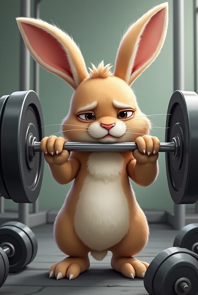 Drawing of a rabbit with a tired face doing weight training