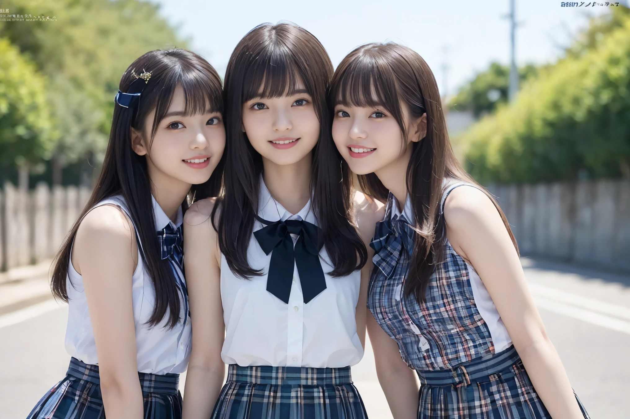 (Highest quality, masterpiece:1.2), Highest quality, Realistic, photograph, High resolution, 1080P, 8k, Physical Rendering, ((height: 155cm、Slim and slender style、medium firm chest)), ((((((A beautiful fashion model featured in a Japanese fashion magazine、Look directly at the viewer)))))), (((big, Very fine, Beautiful dark brown eyes))), ((((Everyone loves me、They are Laughter at me.!)))), Detailed fingers, (((length, Curled bangs))), ((((Very noble and cute eyes, Every detail is carefully drawn)))), ((double eyelid)), (((length eyelashes))), ((cute、Adorable、Adorable、Laughter、Laughter頬)), ((Pure white light hits my nose and cheeks. Her eyes and the white skin of her face are beautifully white........)), (((((Her face is very expressive、With a noble smile。, Very fun smiling beauty, Very clever smile))))), ((((A striking plain navy large school ribbon bow tie)))), ((((Very beautiful long black hair blowing in the strong wind outdoors、Fluttering Hair)))), (((((((She is wearing a formal long pleated skirt, Blue and navy tartan check, ))))))), ((((The size is a bit small、When she lifts up her white sleeveless shirt with a gold emblem, she shows off her beautiful small breasts.、Full upper body nude)))), ((As elegant as a noble princess)), ((From before, Create a striking image showing off your breasts..))(((((( fully nude high school girl)))))、Tight waist((((((Very close))))))、((((((Summer memories2Full nude high school girls)))))、Shortcut Straight Hair
