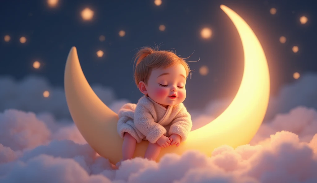 a child listening to a lullaby, gently sitting on a crescent moon in a fairytale space, many stars around, sleeping with eyes closed, cartoon style child, (best quality,4k,8k,highres,masterpiece:1.2),ultra-detailed,(realistic,photorealistic,photo-realistic:1.37),beautiful detailed eyes,beautiful detailed lips,extremely detailed eyes and face,longeyelashes,whimsical,magical,dreamlike,soft lighting,glowing stars,pastel colors,warm tones,ethereal,soothing,peaceful

