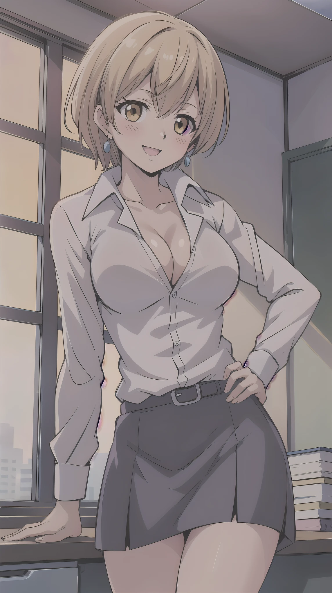 ((super high quality,))((Ultra-high resolution,))(16K,)(super masterpiece,)((Ultra HD ,))(Detailed shading,)One sexy office lady,Cleavage,popped Tight collar White shirts,Tight Skirt,Ecstatic smile,blush,Facing forward,Office in the morning sun,slouch,