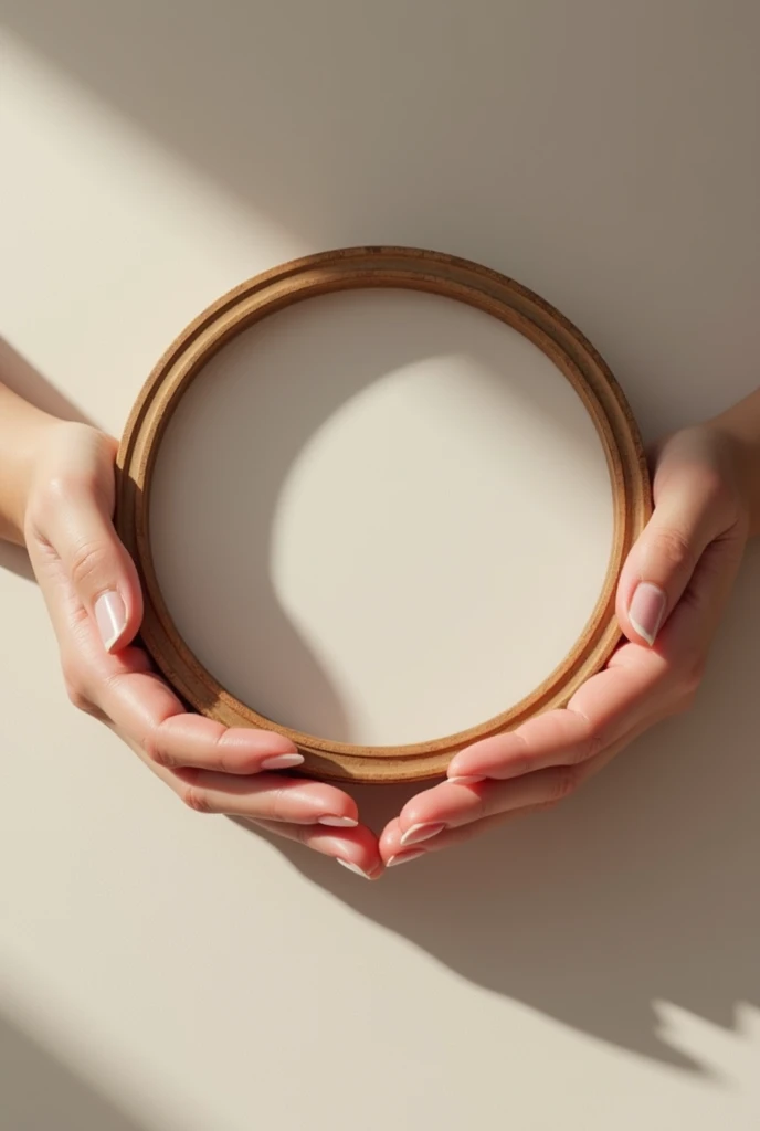 female  hands holding a round medium size picture frame
