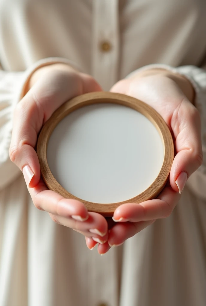 female  hands holding a round medium size picture frame
