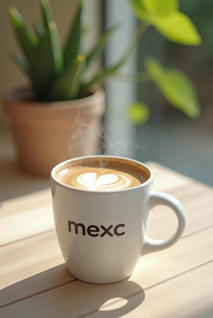 Generate an image of a close-up shot of a white mug with the text 'MEXC' on it. The mug is filled with a frothy beverage, like coffee, and is placed on a light-colored table. The background should be outdoors with a blurred effect, showing a garden or patio area