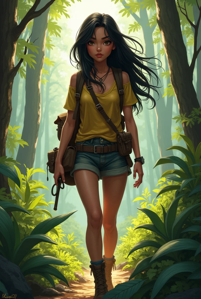 An adventurer avatar dressed as someone who goes searching for something in the forest, drawn as a thin woman size 1.53 tall, long black hair, brown color brunette style, Brazilian, well filled eyebrow, very dark brown eyes, almost black, slightly sharp nose and well-shaped mouth, but normal size