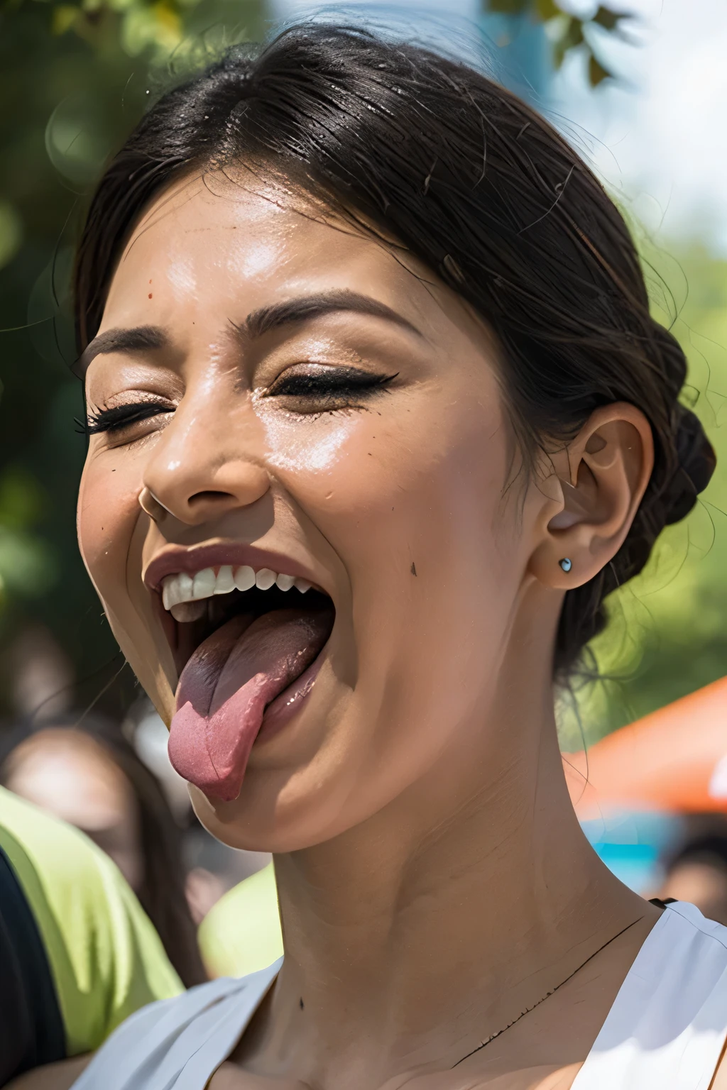 Flying debris,Award-winning photo, Very detailed, Edge Orgasm, Woman with open mouth and closed eyes , Sweaty skin、Lighting that highlights shiny sweat{{{Spread the word }}}, Black Hair、Browsing Caution,{{{{Crowd of elderly male spectators,Surrounded by men,}}}},(length, Narrow nostrils)、Raise your arms behind your head,(Sticking out a long tongue)