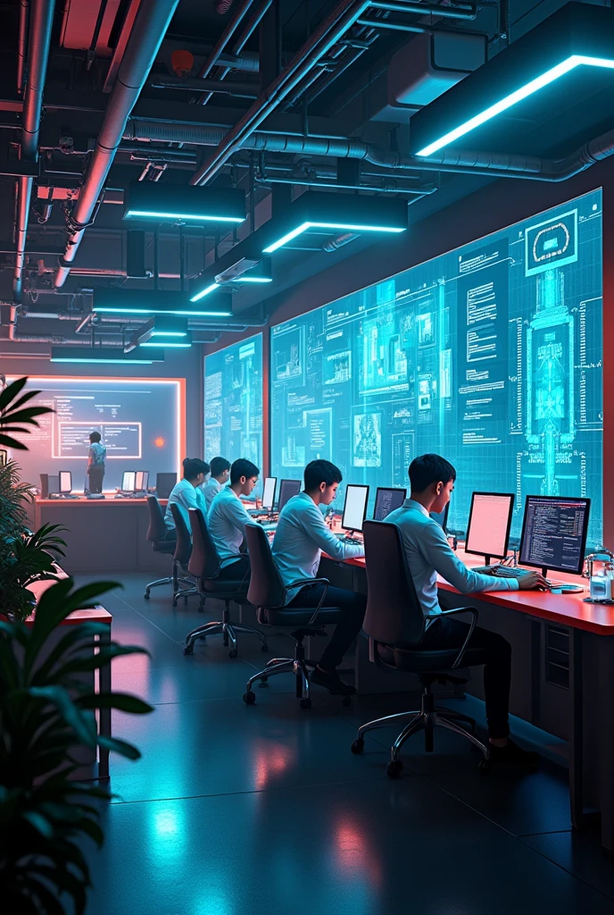 A modern office environment with professionals working on AI technology, such as developers programming and data scientists analyzing data, representing new job roles in AI. 8k, hyperrealistic, highly detailed, balanced scale, robots, humans, futuristic, cyberpunk, seamless integration, striking contrast, dramatic lighting, precise engineering, sleek design, advanced technology, thought-provoking, social commentary, cinematic composition, mesmerizing colors, intricate details, masterful rendering