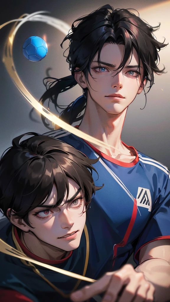 training clothes from the anime Blue lock , Small short boy, handsome face, black hair, messy hair, mullet-cut, smirking, holding soccer ball, shining crimson eyes, masterpiece, 8k, photorealistic, chiaroscuro lighting, dramatic shadows, cinematic composition