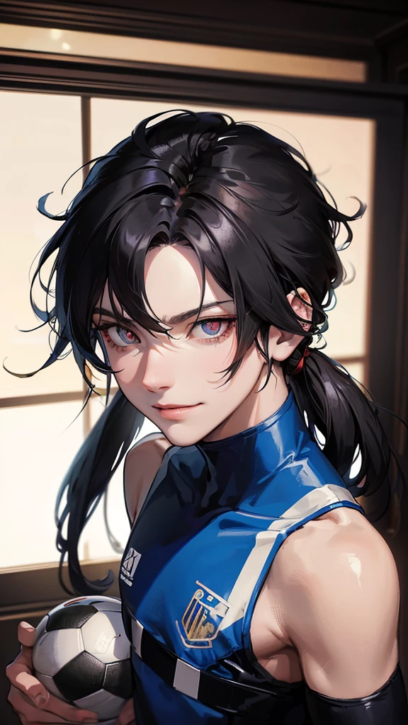training clothes from the anime Blue lock , Small short boy, handsome face, black hair, messy hair, mullet-cut, smirking, holding soccer ball, shining crimson eyes, masterpiece, 8k, photorealistic, chiaroscuro lighting, dramatic shadows, cinematic composition