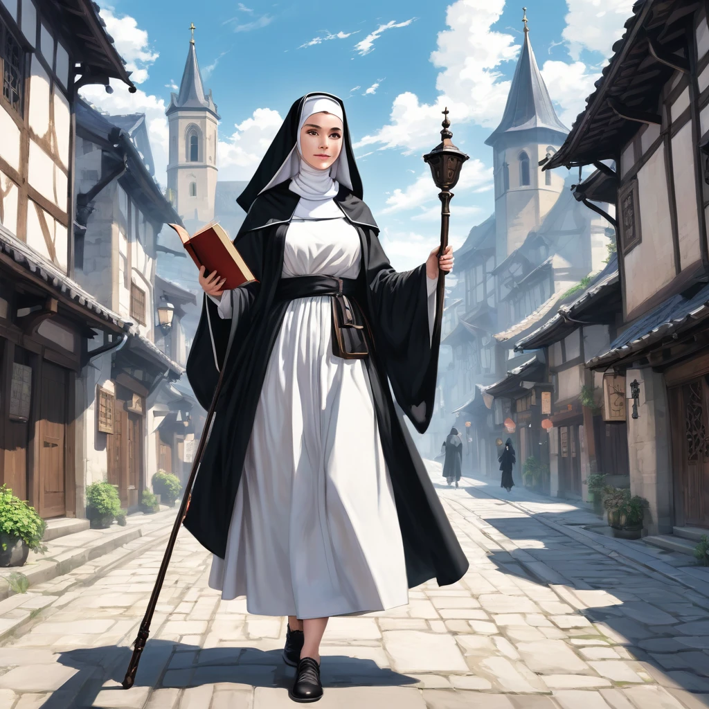 Medieval Europe,During the day,A nun in black and white monastic robes,Holding a short staff,A book hangs on the belt,Strolling the city streets。Mid-ground composition,Anime style,Game illustration style,Magic style,Suitable for card illustrations。