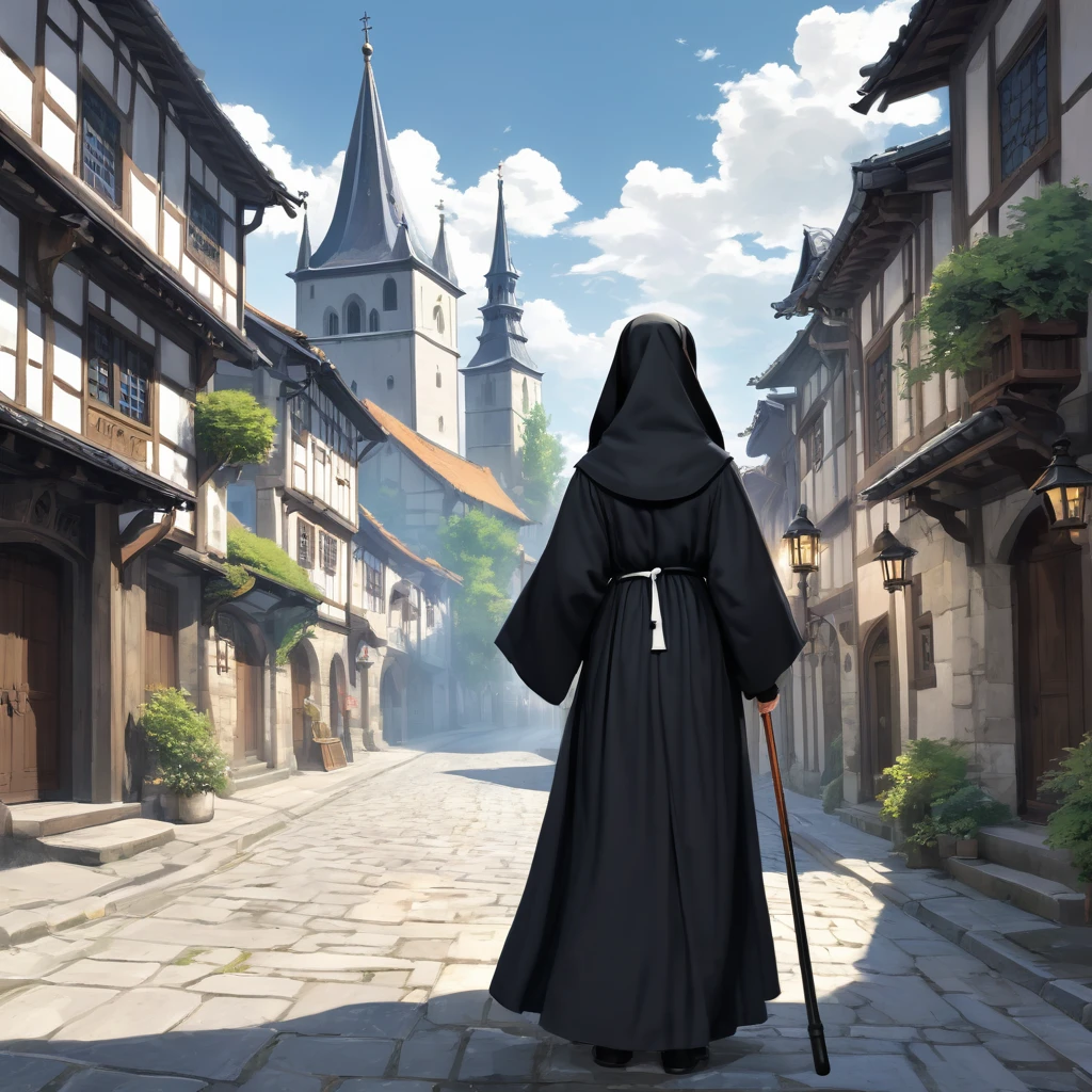 Medieval Europe,During the day,A nun in black and white monastic robes,Holding a short staff,A book hangs on the belt,Strolling the city streets。Mid-ground composition,Anime style,Game illustration style,Magic style,Suitable for card illustrations。