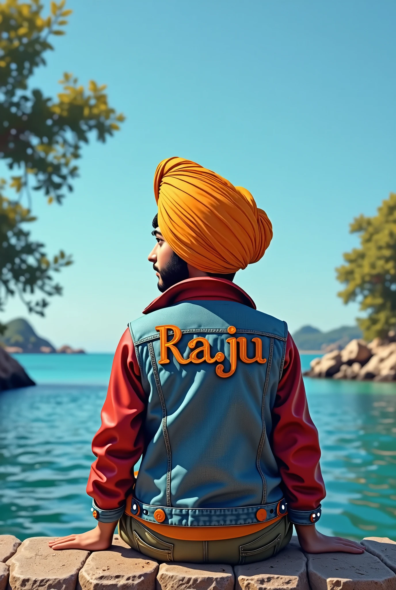  A Punjabi boy , wear a punjabi turban, denim red jacket cargo pant Realistic, blue sky facing at a sea, sitting alone,trees in the back , ultra realistic face,water see a bold name "RAJU"bold name write on jacket is " RAJU"