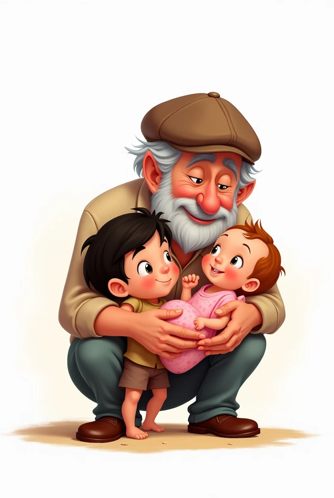 DISNEY-STYLE CARTOON OF LOVING GRANDFATHER WITH CAP AND BLACK HAIR WITH AN ADELESE MALE GRANDSON AND NEWBORN GRANDDAUGHTER IN PINK DRESS ON A WHITE BACKGROUND