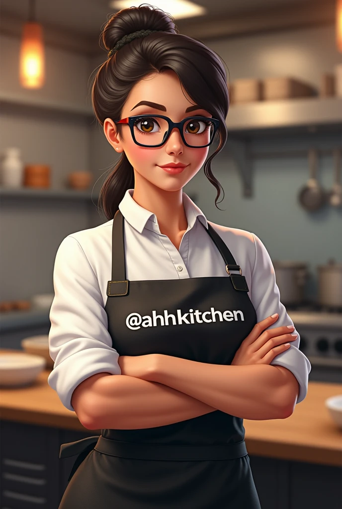 Young female cook, with glasses , with arms crossed, posing, and with the logo "@ahhkitchen" on the right chest 