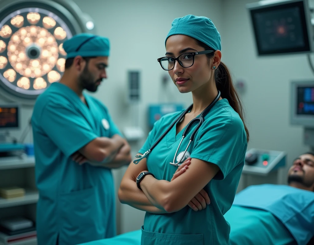 Katrina Kaif as surgeon, wearing scrubs, wearing skull cap, wearing glasses, standing beside male patient in operation theatre, fullbody view, arms crossed, looking at front,