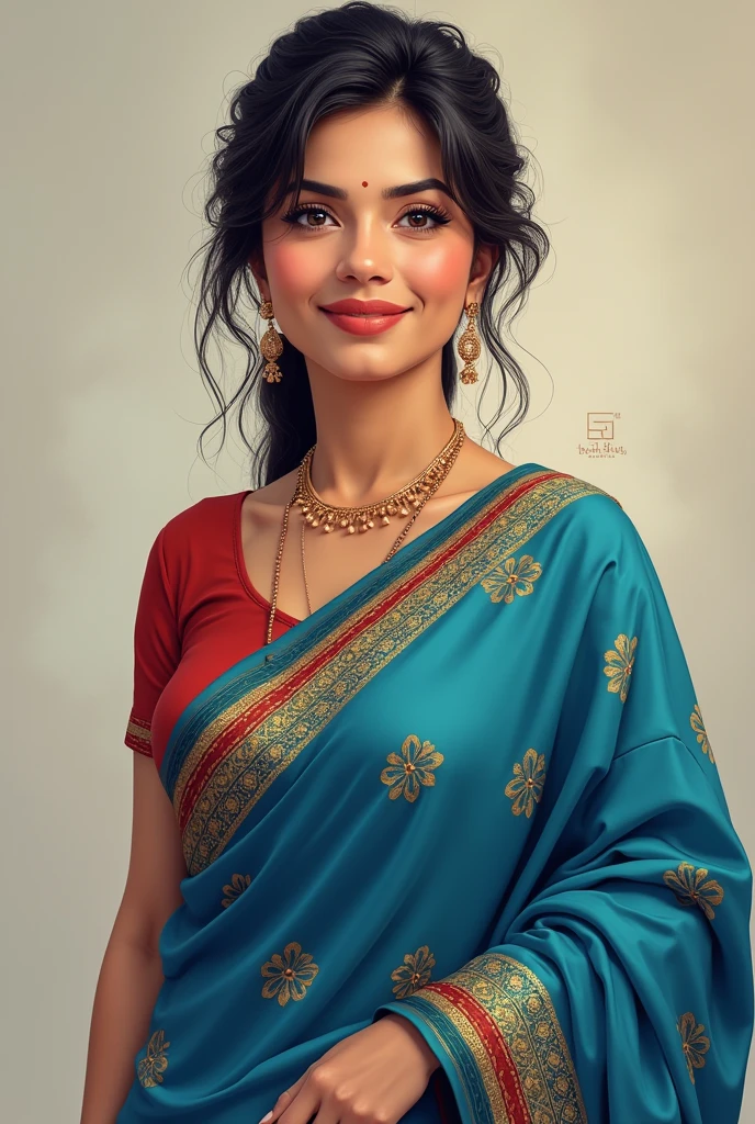 A teacher in blue saree good looking tan colour short height and fat slight navel seen