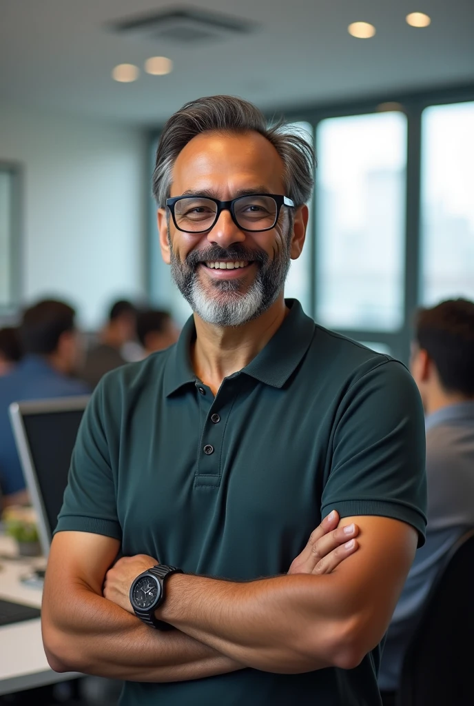 Create an image of a teacher named Ricardoo, 3, Professor of Informatics, wear glasses, yellowish brown skin, Portuguese ancestry, well-trimmed beard with a grayish mark where the beard was on the face, in a modern classroom environment, surrounded by computers and technological equipment, dressed in a polo shirt or casual dress shirt, with a friendly and enthusiastic expression, smiling or explaining something to your students, photo by full body,(ultra detali, photorrealistic, best qualityer, 4K, 8k, high resolution, work of art:1.3),