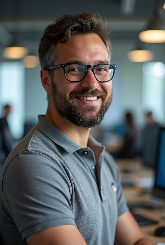 Create an image of a teacher named Ricardoo, 3, Professor of Informatics, wear glasses, yellowish brown skin, Portuguese ancestry, well-trimmed beard with a grayish mark where the beard was on the face, in a modern classroom environment, surrounded by computers and technological equipment, dressed in a polo shirt or casual dress shirt, with a friendly and enthusiastic expression, smiling or explaining something to your students, photo by full body,(ultra detali, photorrealistic, best qualityer, 4K, 8k, high resolution, work of art:1.3),