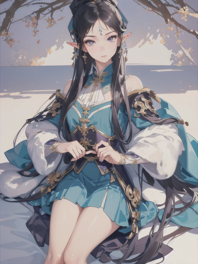 masterpiece, best quality, 1girl, ultra detailed, ultra high resolution, well-definded facial features, anatomically correct, cute girl, detailed, long pointy ears, elf, nice face,black hair, puple eyes, romanian chemise, romanian lap skirt, art deco,