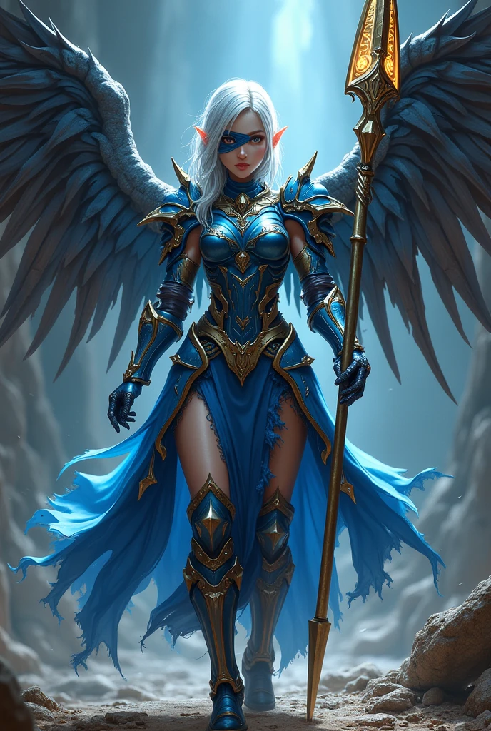 (Lenneth;2B), (merge characters "2B" and "Lenneth":1.37), solo, 1girl, BREAK: hip-length silver hair in a loose braid, (damaged armor), ((full body gold trimmed sapphire blue mechanical armor)), (boob window:1.27), (blue plate armor helmet), black blindfold covering eyes under helmet, (thigh cutouts), ((long tattered loin skirt)), heelless armored boots, gold and silver mechanical wings, BREAK: in fighting poses, holding spear (glows with runes:1.32), light smile, BREAK: deep dungeon interior setting, BREAK: beautiful lips, gorgeous pale skin, best hands, insanely detailed, photorealistic masterpiece, best quality, sharp background details