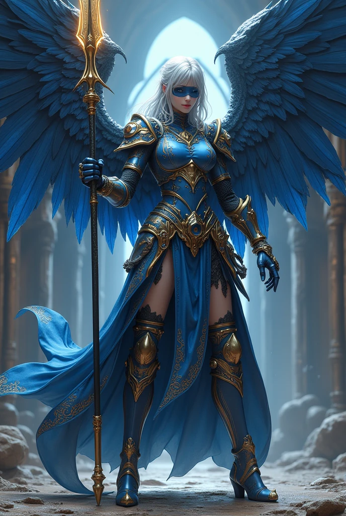 (Lenneth;2B), (merge characters "2B" and "Lenneth":1.37), solo, 1girl, BREAK: hip-length silver hair in a loose braid, (damaged armor), ((full body gold trimmed sapphire blue mechanical armor)), (boob window:1.27), (blue plate armor helmet), black blindfold covering eyes under helmet, (thigh cutouts), ((long tattered loin skirt)), heelless armored boots, gold and silver mechanical wings, BREAK: in fighting poses, holding spear (glows with runes:1.32), light smile, BREAK: deep dungeon interior setting, BREAK: beautiful lips, gorgeous pale skin, best hands, insanely detailed, photorealistic masterpiece, best quality, sharp background details