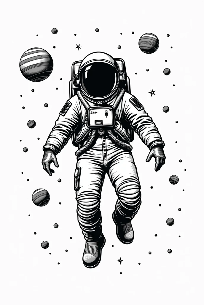 Create a black-and-white line art illustration of an astronaut floating in space. The astronaut should have a retro spacesuit with detailed features like tubes, a helmet, and boots. Surround the astronaut with floating planets and stars, creating a sense of weightlessness. The illustration should be bold and crisp, with no background so that it can be easily used on a t-shirt. The design should be sized to fit the center of a standard t-shirt without losing details when the background is removed.