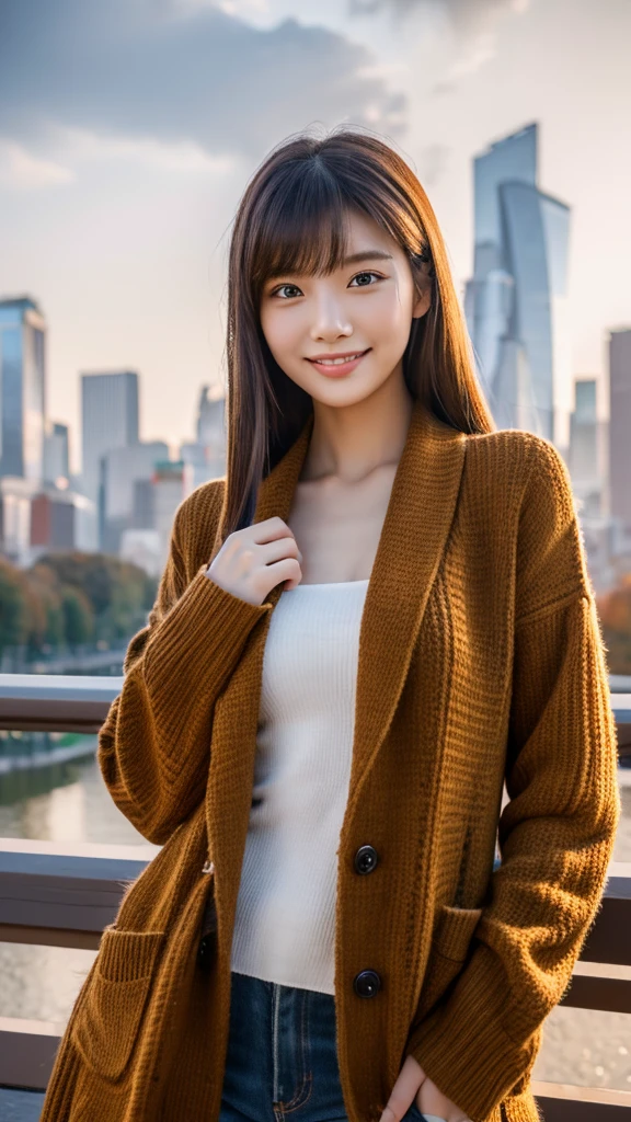(Otherworldly beauty:1.2), imitate, 2, Kawaii face, The most beautiful smile, Gravure photos for fashion magazines, masterpiece, Top quality, Award-winning works, ((high resolution)), ((Extremely detailed CG Unity 8K wallpaper)), Very good skin, (Random Hairstyle), Perfect body lines, slim body, Famous brand clothing, Autumn clothing, Elegant and stylish atmosphere, Charming and seductive, Sexy Girls, Standing against the backdrop of the city skyline, Autumn Light