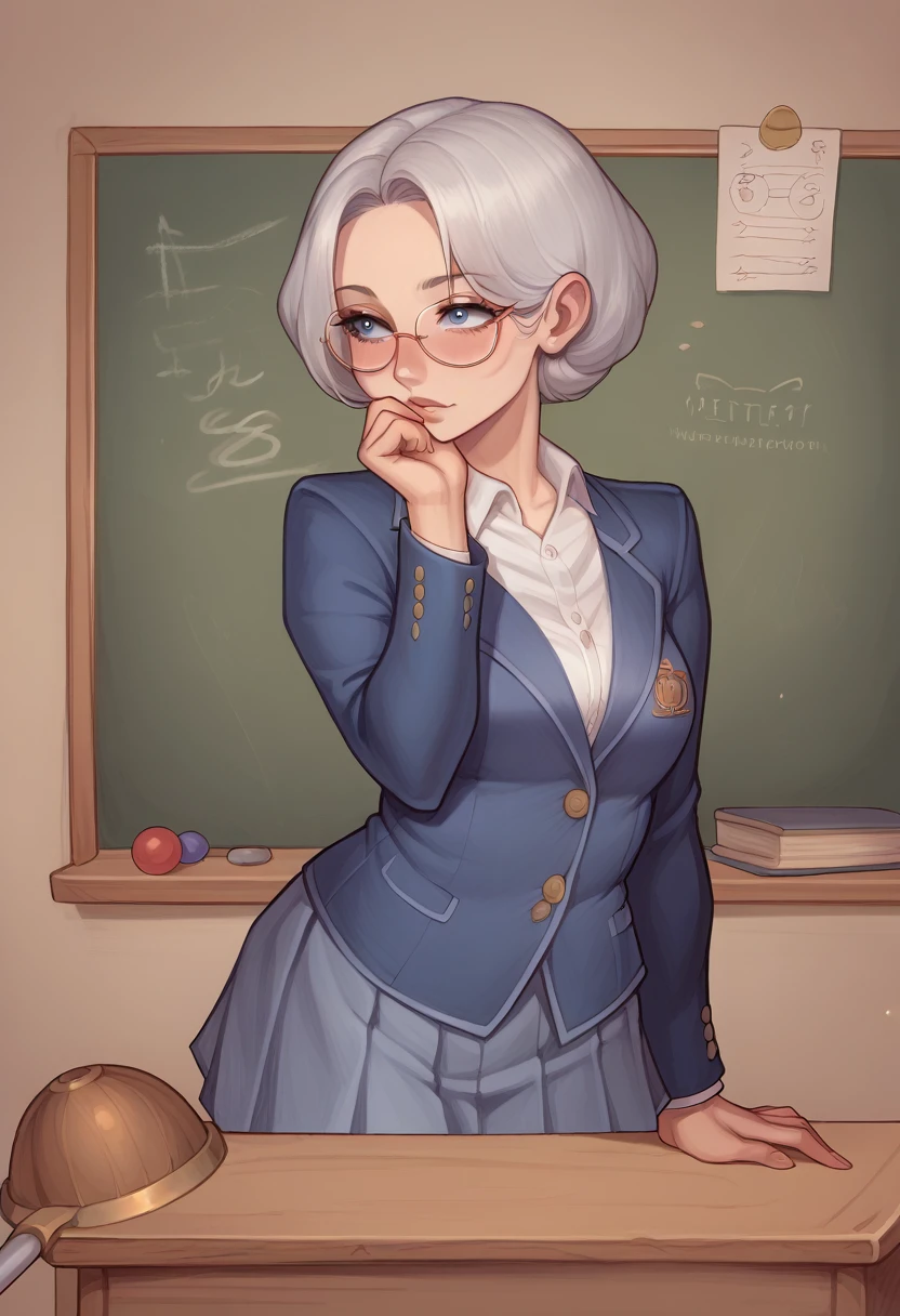 "An elderly female teacher with short, silver hair styled neatly, wearing a classic navy-blue blazer over a white blouse and a long, pleated skirt. She stands in front of a traditional classroom with a wise and calm expression, looking directly at the camera. Her posture is dignified and composed, with one hand resting gently on a wooden cane and the other holding a pair of reading glasses. The classroom behind her has an old-fashioned charm, with wooden desks, a chalkboard filled with handwritten notes, and shelves lined with well-worn books, reflecting her years of experience and deep knowledge." visual novel character