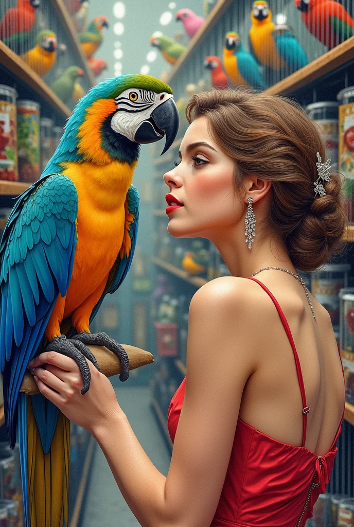 drawn in the form of a colored drawing, a woman looking at a parrot in a pet store