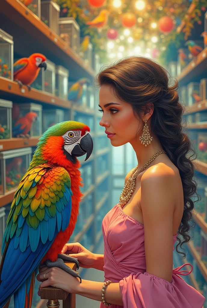 drawn in the form of a colored drawing, a woman looking at a parrot in a pet store