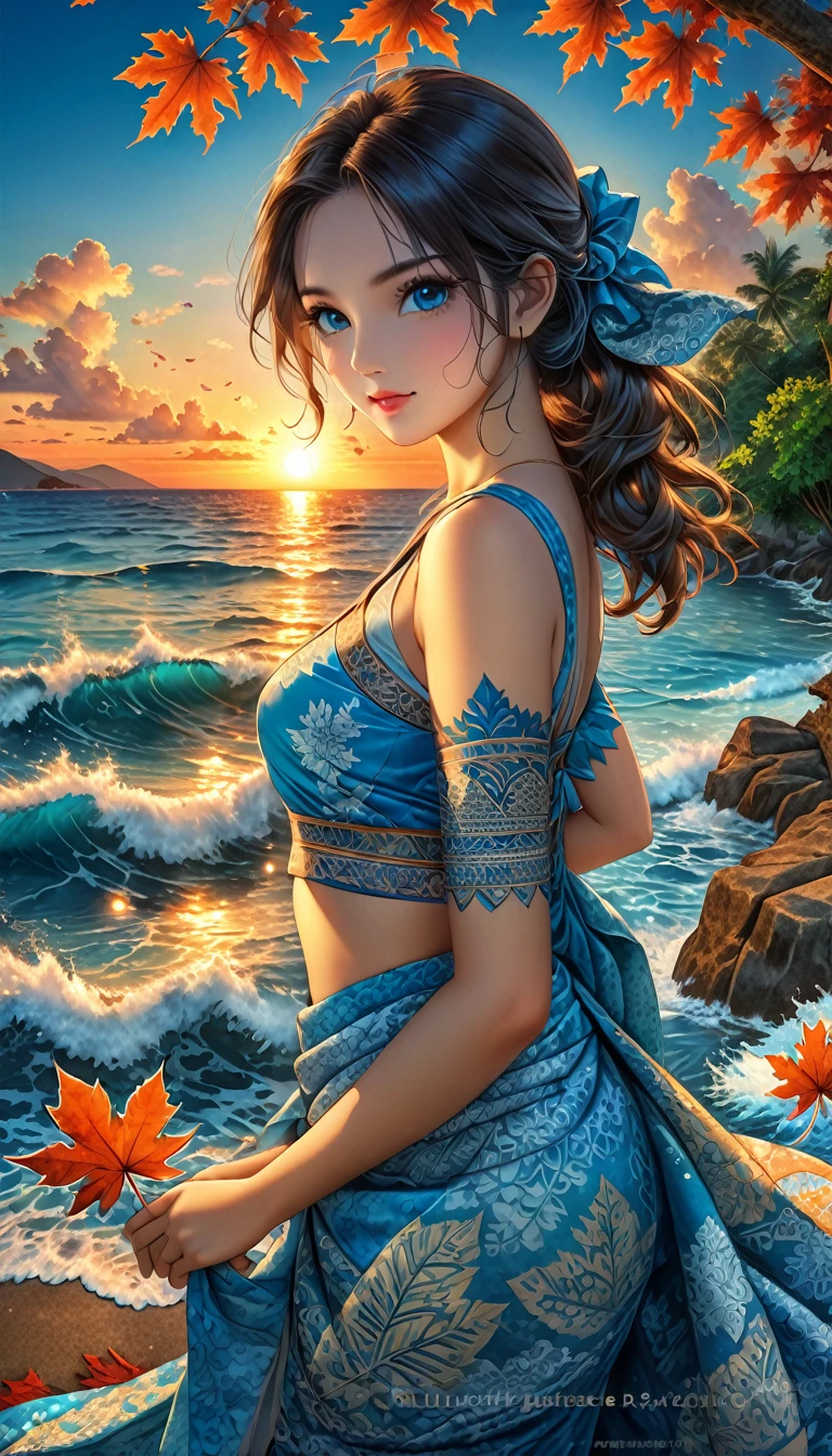 A maple leaf typography perforated vatik carving forms the name "KRISHNA" spell correctly without wrong ,held by hand,sunset background on a very beautiful crystal blue ocean edge ,there are carve batik motifs on the leaves,HDR ultra realistic