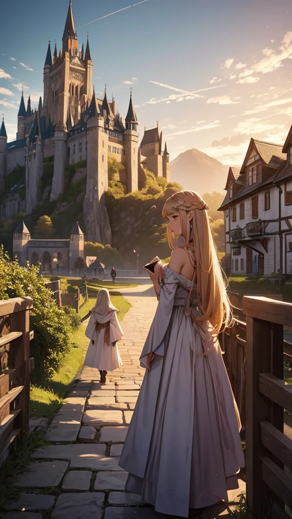 Create a captivating book cover for a historical fantasy novel titled *"A Princess in Disguise."* The scene should depict a young woman, Princess Isabella, dressed in a simple, hooded cloak that conceals her royal identity. She stands on the edge of a vibrant, bustling village, looking towards a towering castle in the distance. The village should be lively with colorful market stalls, playful children, and warm, welcoming villagers. The castle in the background is grand and majestic, with spires that reach the sky, symbolizing the life she has left behind. The colors should evoke a sense of adventure and mystery, with warm golden tones in the village contrasting with the cool, imposing presence of the castle. The title should be elegantly placed at the top, with the author’s name at the bottom.