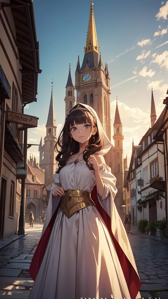 Create a captivating book cover for a historical fantasy novel titled *"A Princess in Disguise."* The scene should depict a young woman, Princess Isabella, dressed in a simple, hooded cloak that conceals her royal identity. She stands on the edge of a vibrant, bustling village, looking towards a towering castle in the distance. The village should be lively with colorful market stalls, playful children, and warm, welcoming villagers. The castle in the background is grand and majestic, with spires that reach the sky, symbolizing the life she has left behind. The colors should evoke a sense of adventure and mystery, with warm golden tones in the village contrasting with the cool, imposing presence of the castle. The title should be elegantly placed at the top, with the author’s name at the bottom.