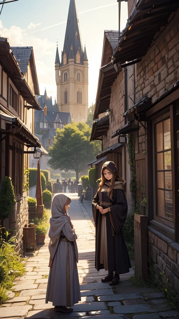 Create a captivating book cover for a historical fantasy novel titled *"A Princess in Disguise."* The scene should depict a young woman, Princess Isabella, dressed in a simple, hooded cloak that conceals her royal identity. She stands on the edge of a vibrant, bustling village, looking towards a towering castle in the distance. The village should be lively with colorful market stalls, playful children, and warm, welcoming villagers. The castle in the background is grand and majestic, with spires that reach the sky, symbolizing the life she has left behind. The colors should evoke a sense of adventure and mystery, with warm golden tones in the village contrasting with the cool, imposing presence of the castle. The title should be elegantly placed at the top, with the author’s name at the bottom.