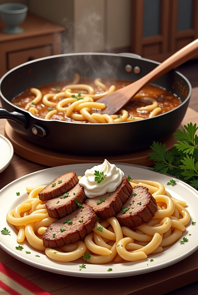 Stroganoff illustration using meat in the pan and on the plate