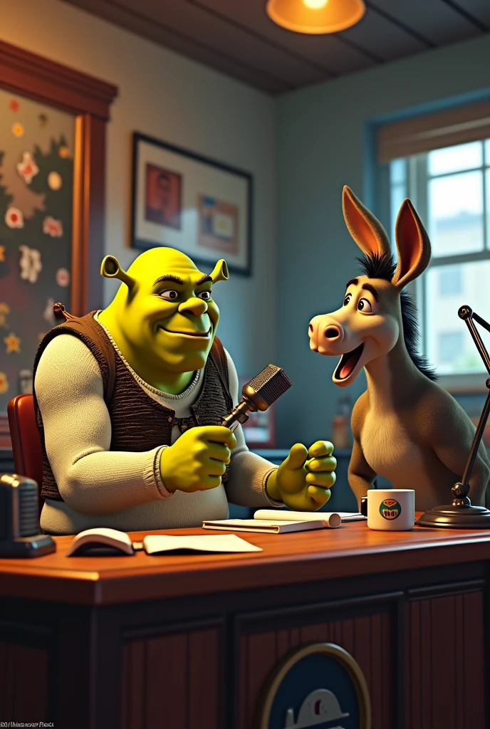 Donkey and Sherk as radio announcers