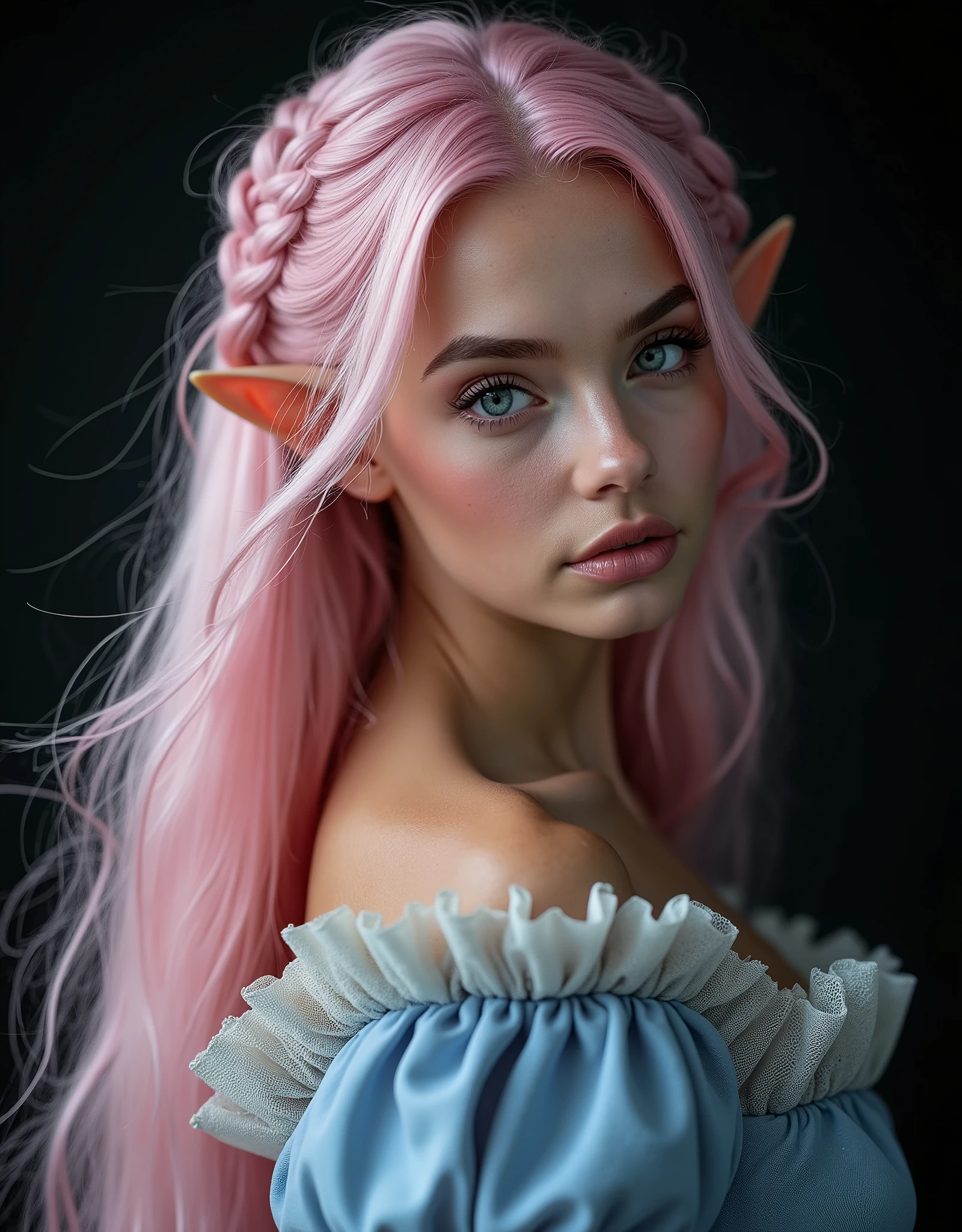 FAIRY WITH AN HYBRID FACE BETWEEN CLAUDIA SCHIFFER AND GISELE BUNDCHEN , BUST IMAGE STYLE, STUDIO IMAGE STYLE, BLACK INFINITE BACKGROUND, DIFFUSED LIGHTS ON FACE, BACK LIGHTS ON HAIR, LUMINOUS PINK HAIR, LIGHT PINK HAIR COLOR, CLOSE FACE SHOT, HUGE LONG HAIR, HUGE STRAIGHT LONG HAIR, BRAID HAIR STYLE, PLATINUM EYEBROWS, VERY PALE SKIN, LUMINOUS SKIN, FEMALE FAIRY, TOLKIEN MITHOLOGY, EXPOSED LONG TIP EARS, HIGH CHEEKBONES, ROSY CHEEKS, GORGEOUS LIPS, SOFT LIPSTICK, GORGEOUS CURVY BODY, SOFT MUSCLES, VOLUMOUS BREASTS, STRAPLESS CLEAVAGE, BLUE VICTORIAN DRESS, ENIGMATIC FACE EXPRESSION, SIDE FACE VIEW, EYES LOOKING UP, TOLKIEN MITHOLOGY, HIGH QUALITY IMAGE, MASTERPIECE, 8K