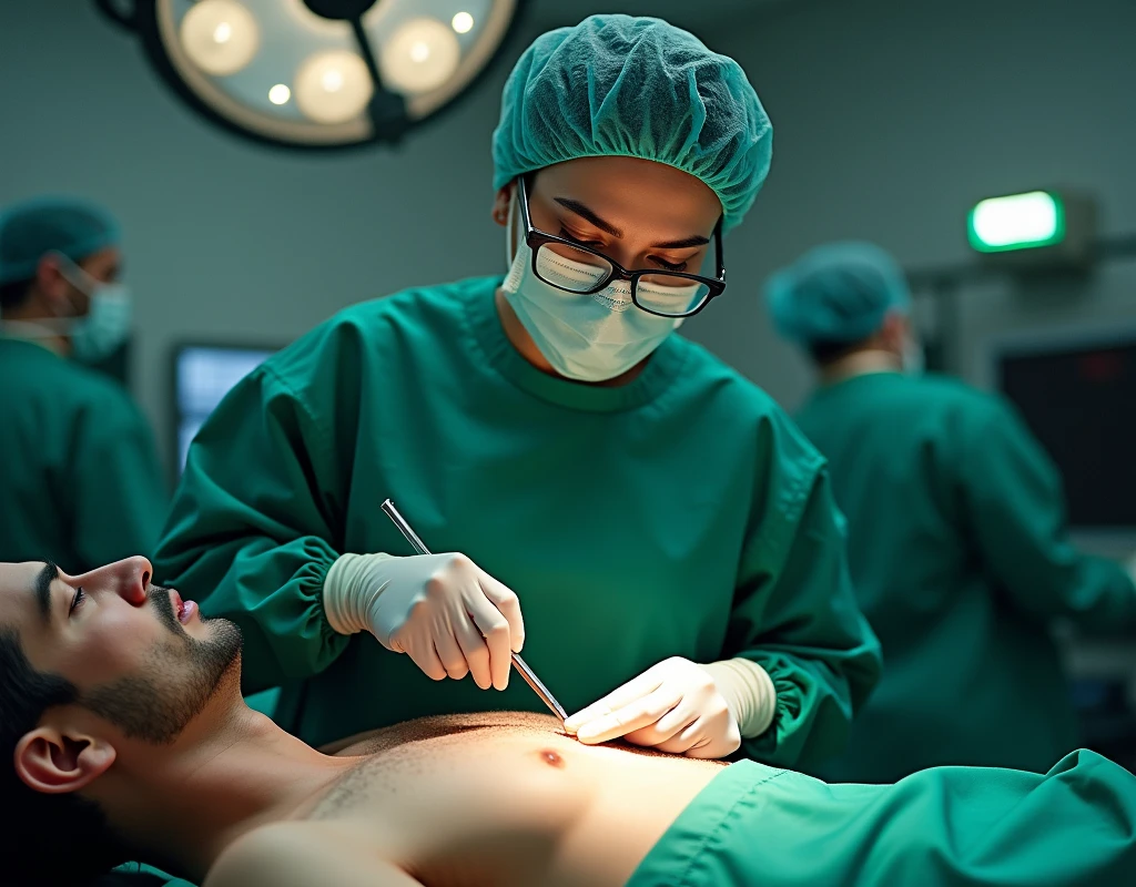 Katrina Kaif as surgeon, wearing green scrubs, wearing surgical mask and skull cap, wearing surgical glasses, performing heart bypass surgery on male patient, in operation theatre, fullbody view, top down view, cutting the chest with scalpel,