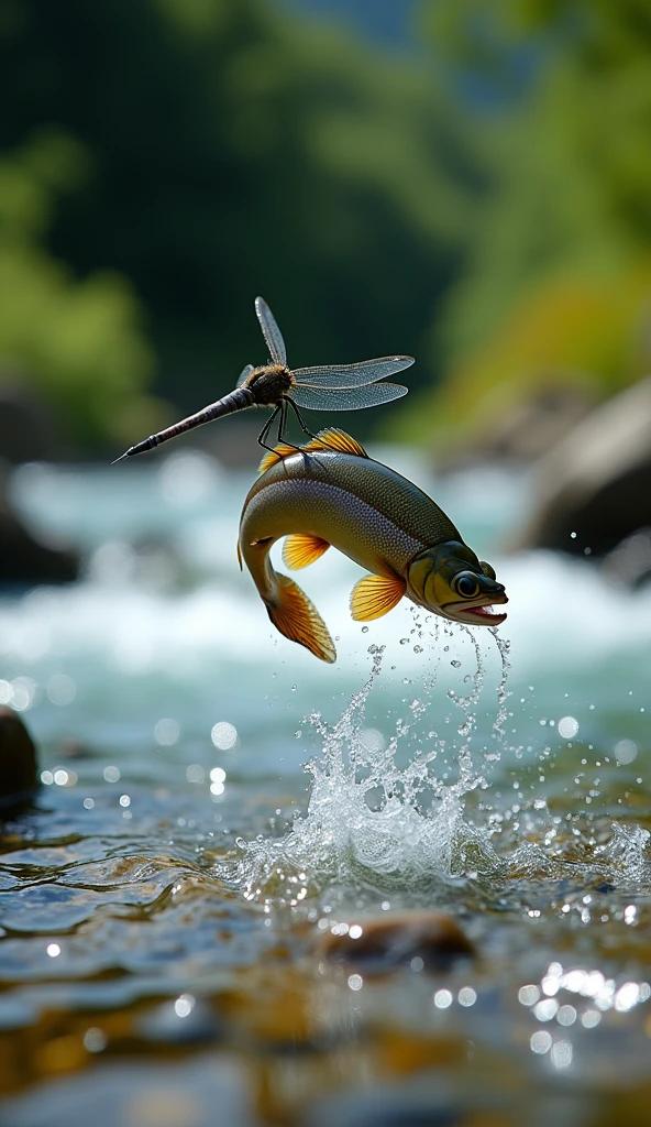 professional photos, The dragonfly hovered above the surface of the water, The trout jumped out in an attempt to grab the dragonfly, dynamic movement, Clear Japanese mountain streams, Fly Fishing Scene