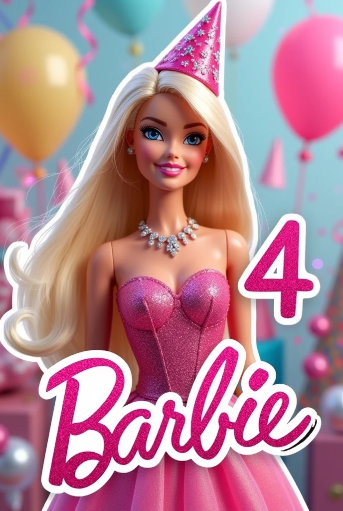 A Barbie sticker for a birthday party has to say Renata and the number 4