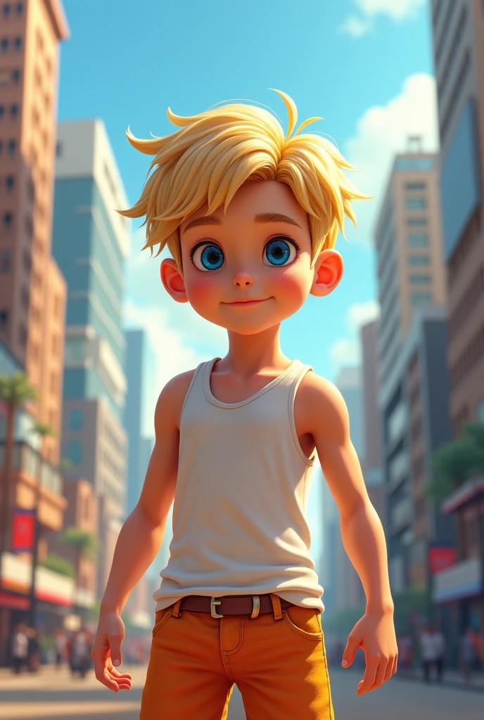 Tall blue eyed blond boy in white tank top shorts in the city