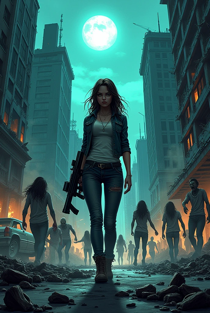 Destroyed cities, zombie apocalypse, full of zombies and several cars scattered around with an armed woman in the middle of the night, comic book 