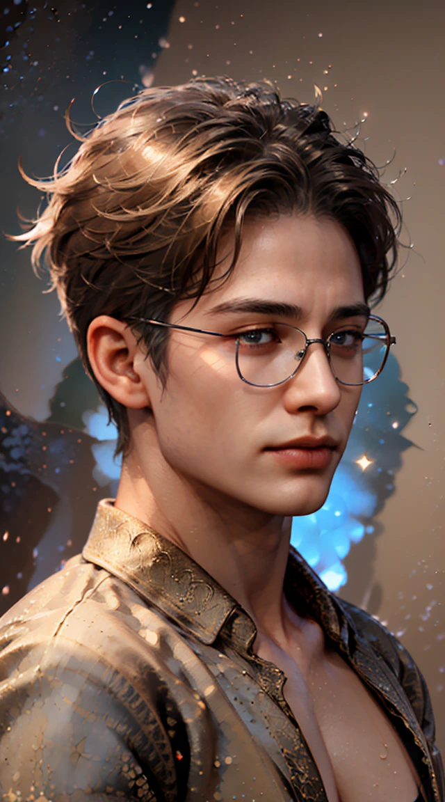 (((8K, RAW photos, Best quality, tmasterpiece: 1.4))), Ultra-high resolution, ultra - detailed, lamplight, Close-up cleavage, Handsome men, gold eyes, (Detailed eyes, The eyes are bright:1.2), short dark hair, pale-skinned,  Dark, Blackn clothes, Meticulous official looking clothes, black tie , (perfect anatomia:1.2), Highqualityshadow, natural  lightting, (White highlights:1.2), natta, overcast day,, (starrysky:1.2)，Masterpiece, high quality, best quality, HD, realistic, perfect lighting, detailed body, 1 man, dark hair, eyeglasses, small stubble