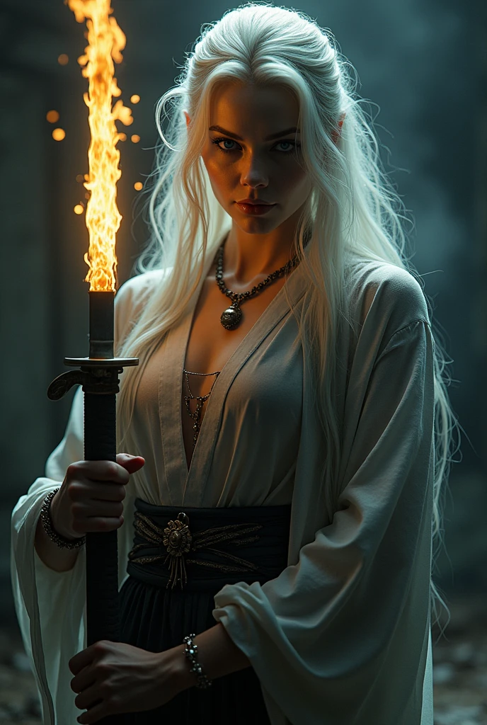 A detailed, highly realistic horror scene with a beautiful female protagonist with white hair, ivory skin, holding a katana with gold flames, wearing street clothes in a strong, dramatic pose, (best quality,4k,8k,highres,masterpiece:1.2),ultra-detailed,(realistic,photorealistic,photo-realistic:1.37),female protagonist,white hair,ivory skin,katana with gold flames,street clothes,jeans,jacket,tank top,wearing intricate hourglass necklace, strong pose,dramatic,horror,cinematic lighting,moody,dark atmosphere
