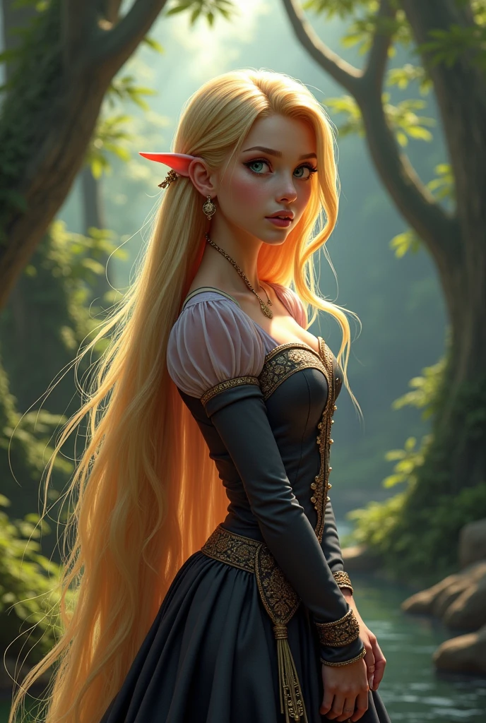 Raounzel with her hair shorter and the front part of her hair should be blonde and the rest should be black