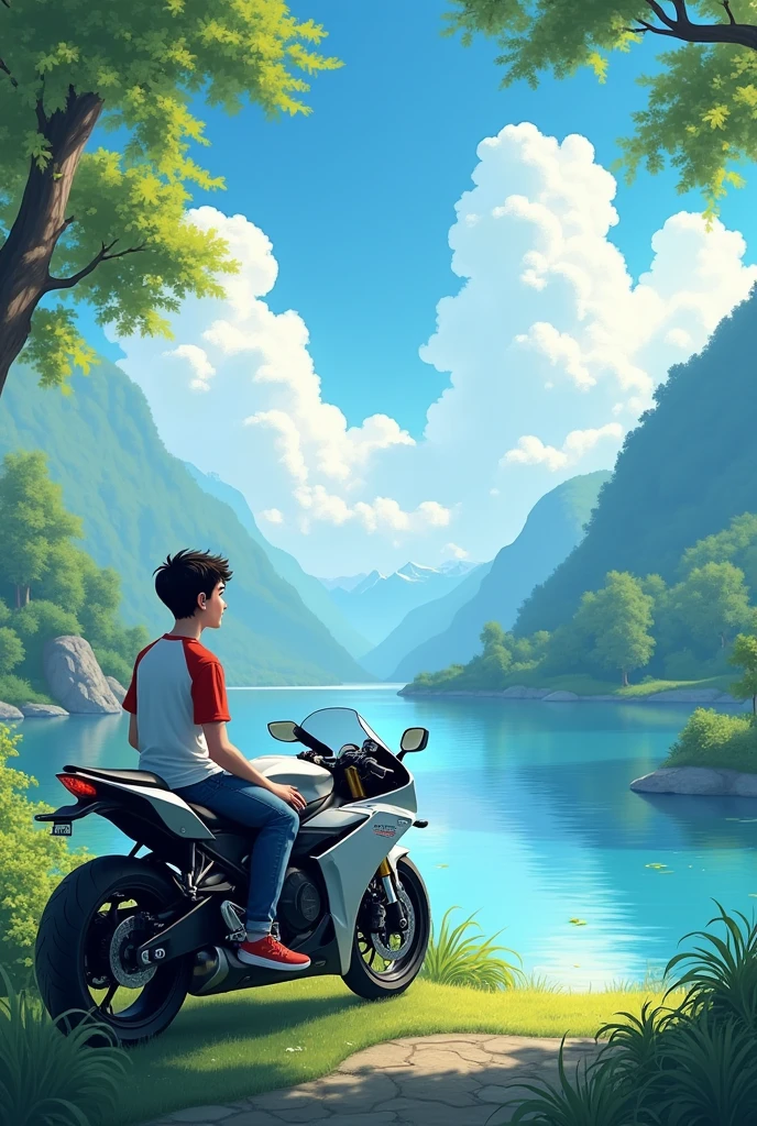 A teenage boy who sits next to the rx100 bike, sitting next to a beautiful green and seeing a beautiful lake