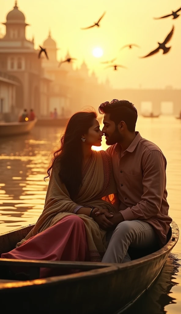 Realistic1.6 a beautiful girl with his boyfriend in winter shawl in ethnic ride boat in banaras ghat in morning sun glow with cinematic lights and birds flying behind them sunlight create warm tone around her vide area UHD detailed