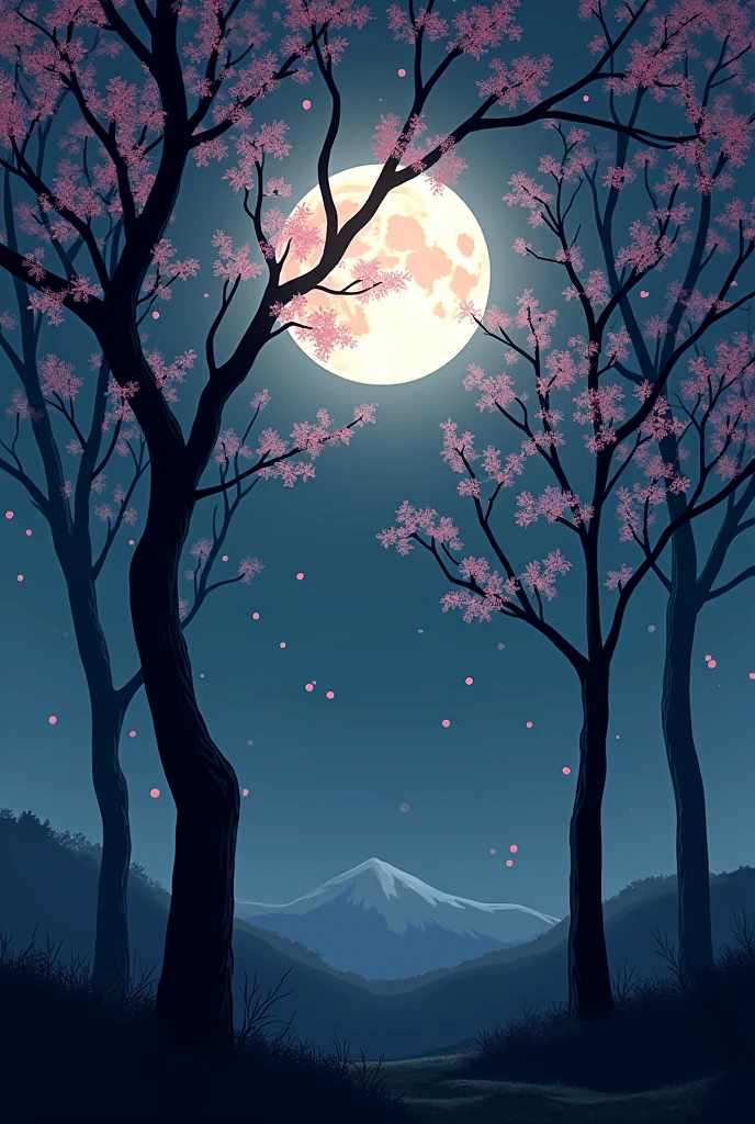 Create a serene day scene featuring the silhouettes of tall, delicate tree branches with small pink blossoms scattered across them. The sky is dark, illuminated by a large, glowing full sun that casts a soft light over the scene. The branches are sparse yet gracefully intertwined, with tiny pink blossoms adding a touch of color against the deep, tranquil night sky."