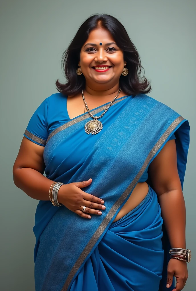 A teacher in blue saree good looking tan colour short height and fat and navel fully seen